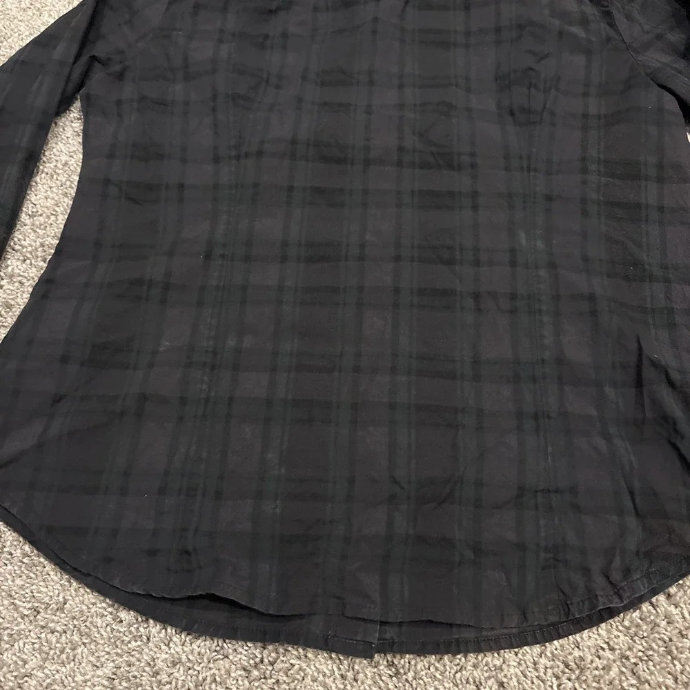 J Crew Black Watch Tartan Slim Stretch Shirt size 12 Midnight Emerald K3729